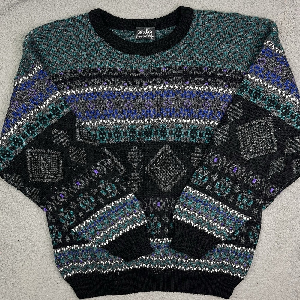 Vintage 90s New Era Knit Acrylic Sweater Abstract Sweatshirt USA Made Sz Large